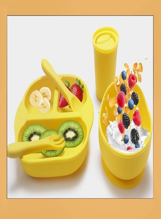 Sparkle Joy Baby Feeding Set, Silicone Tableware Kit for Baby, Bowl, Fork, Spoon, Suction Plate & Tumbler for Baby (Dusty Pink) (Yellow) - Image 1