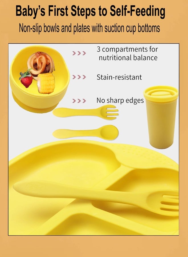 Sparkle Joy Baby Feeding Set, Silicone Tableware Kit for Baby, Bowl, Fork, Spoon, Suction Plate & Tumbler for Baby (Dusty Pink) (Yellow) - Image 2
