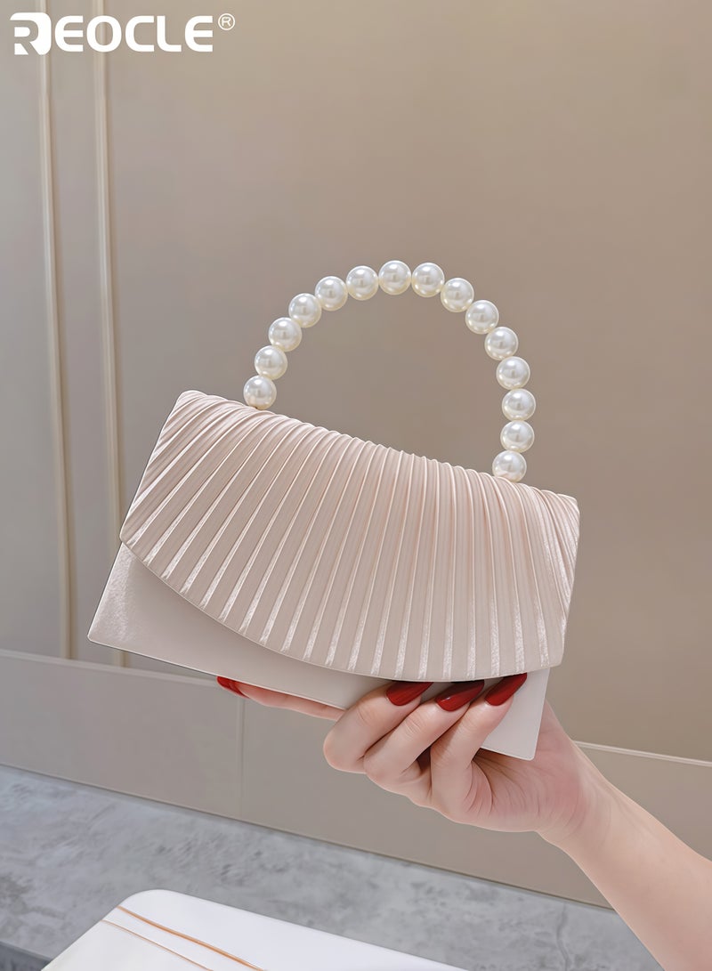 REOCLE Women's Satin Handbag with Pleated Flap and Pearl Accent Design Luxury Bag with Striped Pattern and Pearl Handle for Fashion Crossbody Carry - Image 2
