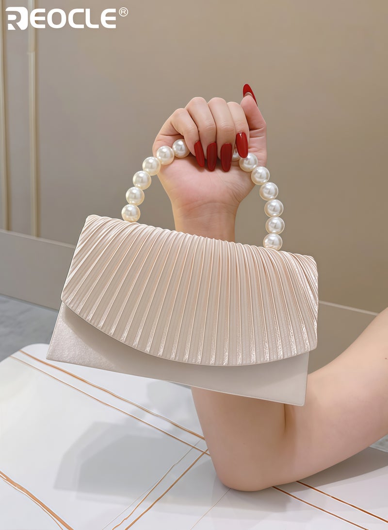 REOCLE Women's Satin Handbag with Pleated Flap and Pearl Accent Design Luxury Bag with Striped Pattern and Pearl Handle for Fashion Crossbody Carry - Image 4