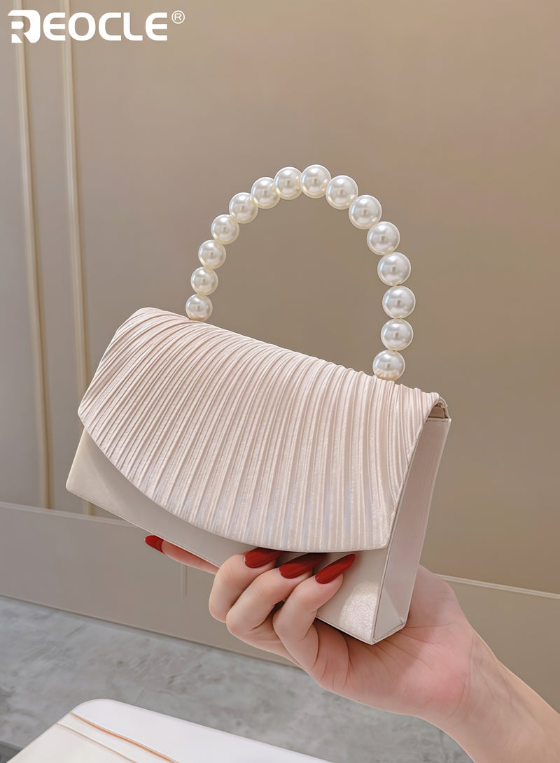 REOCLE Women's Satin Handbag with Pleated Flap and Pearl Accent Design Luxury Bag with Striped Pattern and Pearl Handle for Fashion Crossbody Carry - Image 3