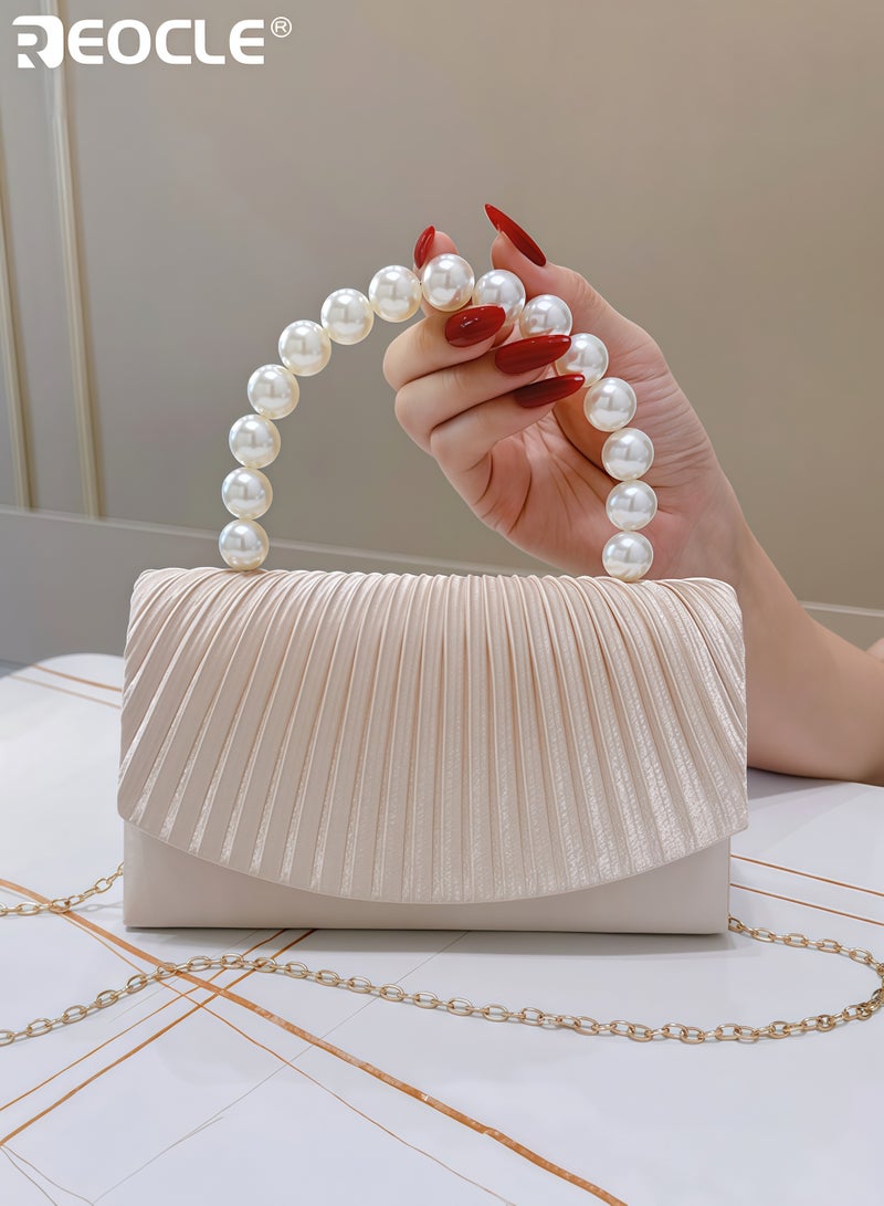 REOCLE Women's Satin Handbag with Pleated Flap and Pearl Accent Design Luxury Bag with Striped Pattern and Pearl Handle for Fashion Crossbody Carry - Image 5