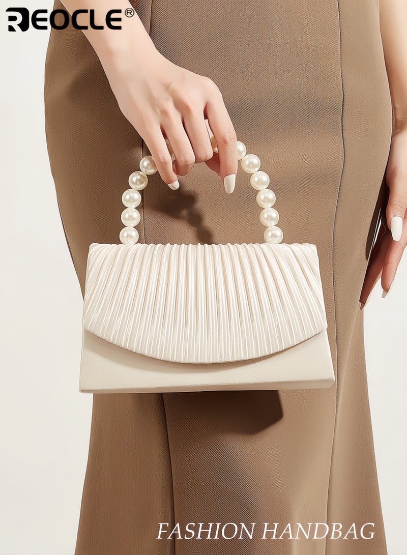 REOCLE Women's Satin Handbag with Pleated Flap and Pearl Accent Design Luxury Bag with Striped Pattern and Pearl Handle for Fashion Crossbody Carry - Image 1