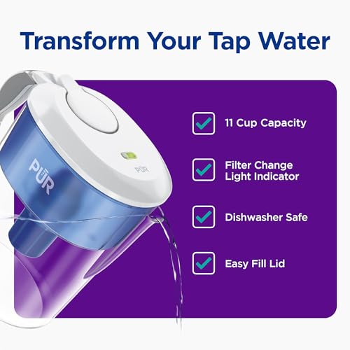 PUR 11-Cup Water Pitcher, 1 Genuine PUR Filter, Cleaner, Great-tasting Water, Dishwasher Safe, Powerful Filtration, Filter Change Light Indicator, LockFit Cap Design - White - Image 2