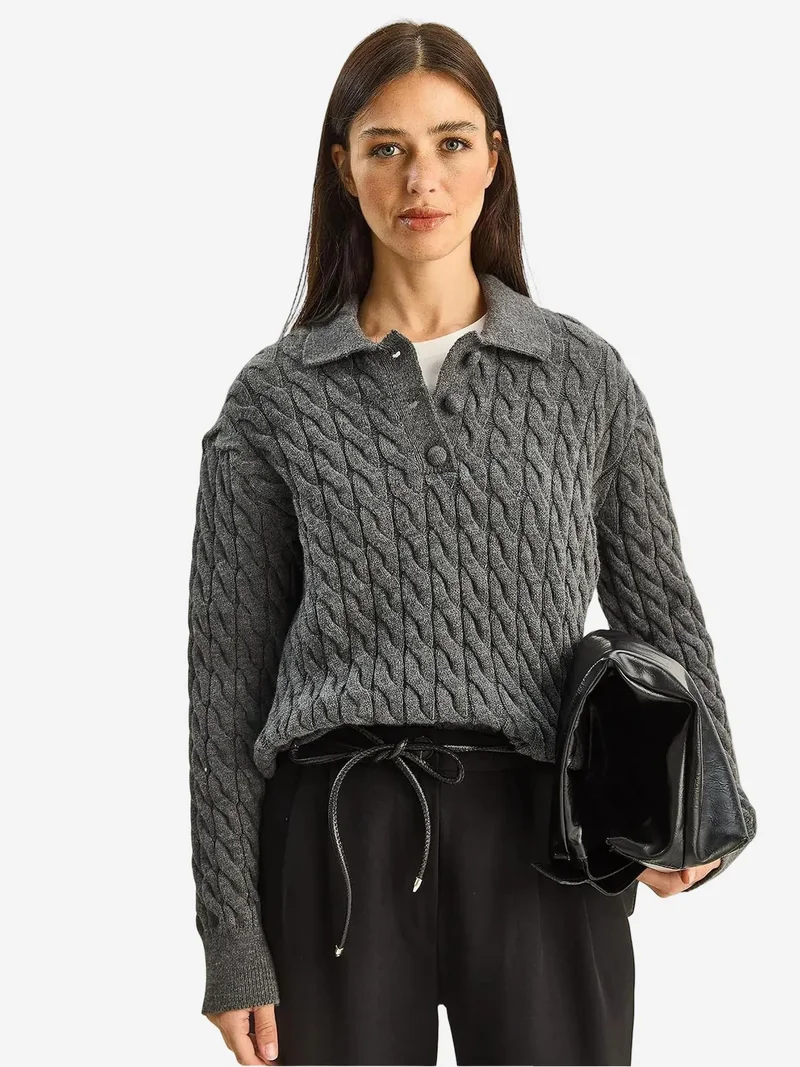 بيانكو لوتشي LUCCI Thick Braid Patterned Polo Neck Sweater