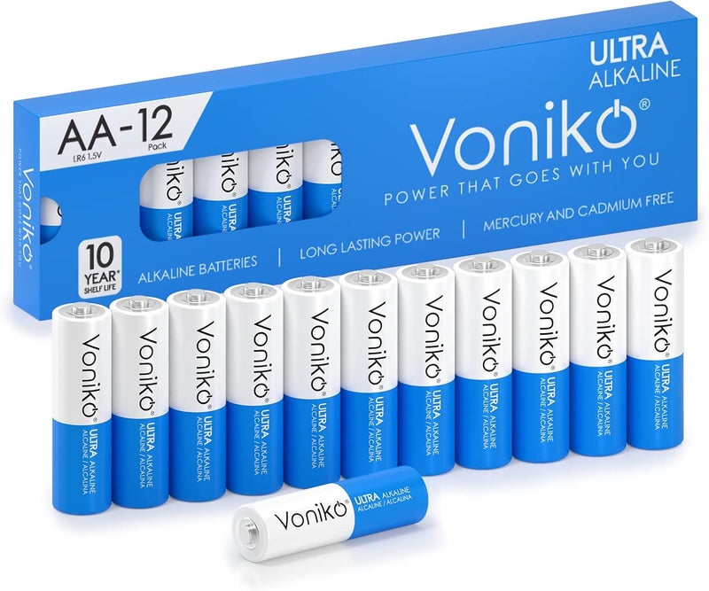 Voniko Premium Grade AA Batteries - 12 Pack - Ultra Long-Lasting Alkaline 1.5V Batteries with 10-Year Shelf Life - Image 1