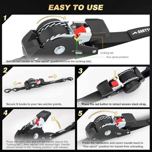 OARTTEES Retractable Ratchet Straps (4-Pack) - 1 Inch x 10 Feet (1,650lb Break Strength) - Heavy Duty Auto Self Retracting Tie Down Straps for Truck, Cargo Trailer, Motorcycle, ATV, UTV - Black - Image 4