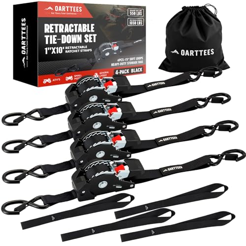 OARTTEES Retractable Ratchet Straps (4-Pack) - 1 Inch x 10 Feet (1,650lb Break Strength) - Heavy Duty Auto Self Retracting Tie Down Straps for Truck, Cargo Trailer, Motorcycle, ATV, UTV - Black - Image 1