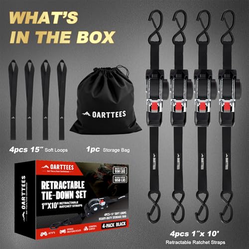OARTTEES Retractable Ratchet Straps (4-Pack) - 1 Inch x 10 Feet (1,650lb Break Strength) - Heavy Duty Auto Self Retracting Tie Down Straps for Truck, Cargo Trailer, Motorcycle, ATV, UTV - Black - Image 5