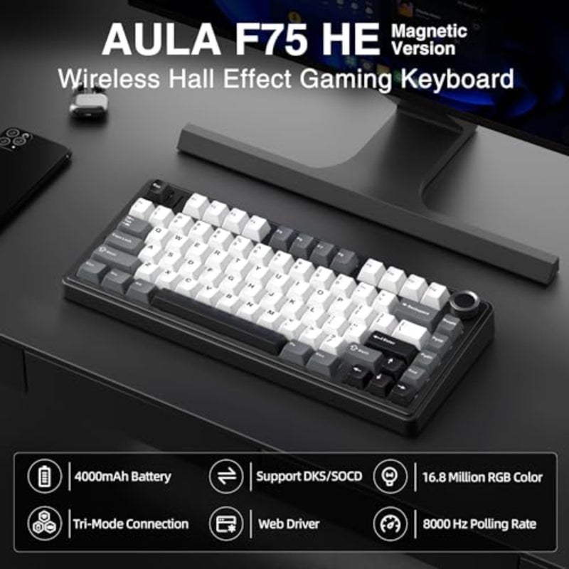 Aula F75 HE Wireless Gaming Keyboard Hall Effect Magnetic Switch For PC and Laptop RGB Backlit 75 Compact Layout Detachable USB-C Cable Hot-Swappable Aluminum Top Plate Black - Image 2