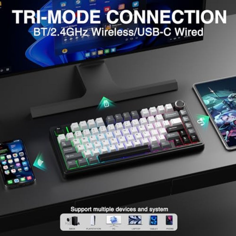 Aula F75 HE Wireless Gaming Keyboard Hall Effect Magnetic Switch For PC and Laptop RGB Backlit 75 Compact Layout Detachable USB-C Cable Hot-Swappable Aluminum Top Plate Black - Image 3
