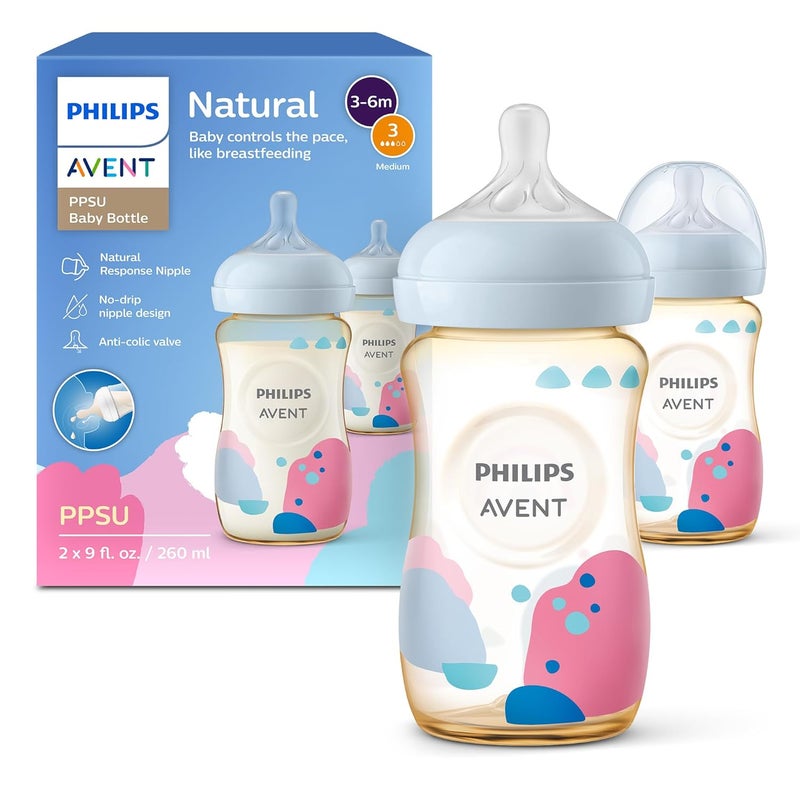 Avent Philips Avent PPSU Natural Baby Bottles with Medium Flow Nipples Flow 3 9oz with Decoration 2Pack SCY94302 - Image 1