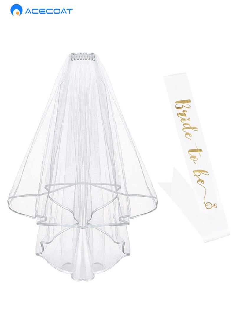 ACECOAT Bridal Veil Women's Simple Tulle Short Wedding Veil Satin Edge with Sash for Wedding Bachelorette Party - Image 1