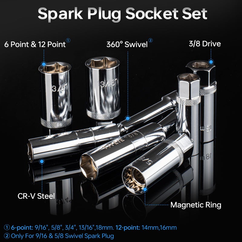 YIYEIE 10PCS Full Magnetic Spark Plug Socket Set with 3/8" Drive Torque Wrench (5-50 FT.LB/6.8-67.8Nm), Swivel Magnetic Spark Plug Removal Kit Includes 14, 16, 18mm& 9/16, 5/8, 3/4, 13/16 Inch Sockets - Image 4