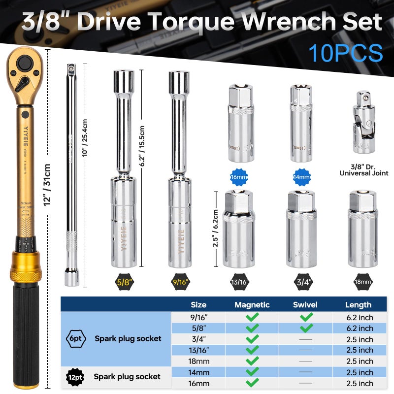 YIYEIE 10PCS Full Magnetic Spark Plug Socket Set with 3/8" Drive Torque Wrench (5-50 FT.LB/6.8-67.8Nm), Swivel Magnetic Spark Plug Removal Kit Includes 14, 16, 18mm& 9/16, 5/8, 3/4, 13/16 Inch Sockets - Image 3