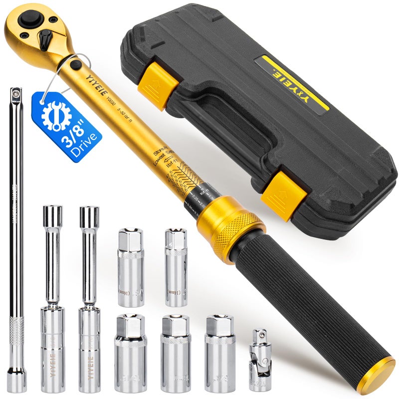 YIYEIE 10PCS Full Magnetic Spark Plug Socket Set with 3/8" Drive Torque Wrench (5-50 FT.LB/6.8-67.8Nm), Swivel Magnetic Spark Plug Removal Kit Includes 14, 16, 18mm& 9/16, 5/8, 3/4, 13/16 Inch Sockets - Image 1