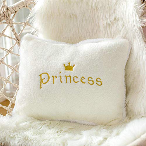 Peach Cuddle Princess Embroidered Velvet Fur Cushion for Kids Room, Living Room, Bedroom, Luxury Furnishing, Throw Pillow (12x18 inch, White, Rectangle) - Image 1