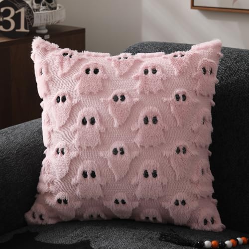 DFXSZ Halloween Pillow Covers 18x18 inch Set of 2 Pink Ghost Throw Pillow Cases Soft Plush Faux Fur Wool Couch Cushion Case for Chair Sofa Bedroom Living Room Home Decor PTK03B18 - Image 3
