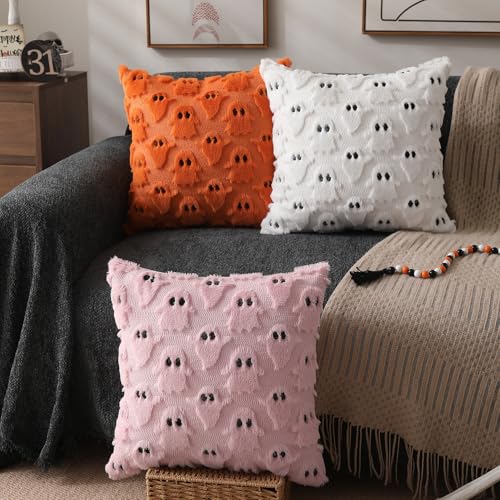 DFXSZ Halloween Pillow Covers 18x18 inch Set of 2 Pink Ghost Throw Pillow Cases Soft Plush Faux Fur Wool Couch Cushion Case for Chair Sofa Bedroom Living Room Home Decor PTK03B18 - Image 4