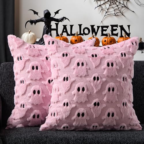 DFXSZ Halloween Pillow Covers 18x18 inch Set of 2 Pink Ghost Throw Pillow Cases Soft Plush Faux Fur Wool Couch Cushion Case for Chair Sofa Bedroom Living Room Home Decor PTK03B18 - Image 1