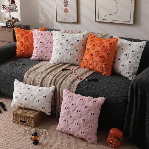 DFXSZ Halloween Pillow Covers 18x18 inch Set of 2 Pink Ghost Throw Pillow Cases Soft Plush Faux Fur Wool Couch Cushion Case for Chair Sofa Bedroom Living Room Home Decor PTK03B18 - Image 5