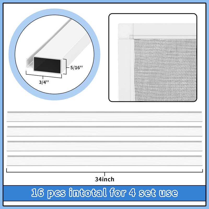 Yaocom 4 Pack Window Screen Kit 3/4 x 5/16 Inch Aluminum Frame with Corners, Spline, Springs, Pull Tabs, Screen Mesh and Screen Rolling Tool 32'' x 32'' - Image 2
