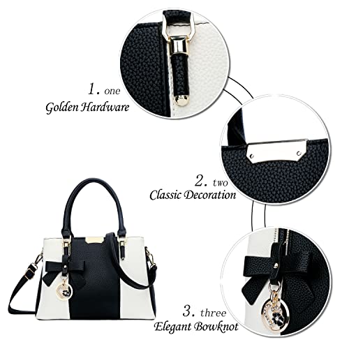 KKXIU 3 Zippered Compartments Purses and Handbags for Women Top Handle Satchel Shoulder Ladies Bags (A-Black White) - Image 3