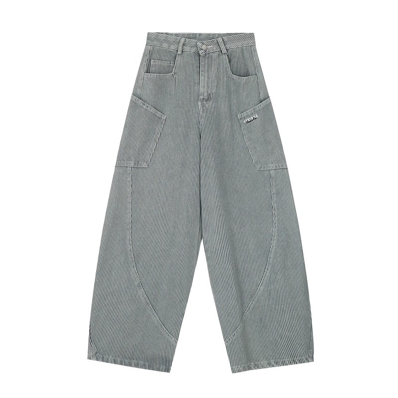 American Style Retro Stripe Design Sense Machete Profile Tooling Jeans Mens High Street Loose Wide Leg Long Pants Striped blue