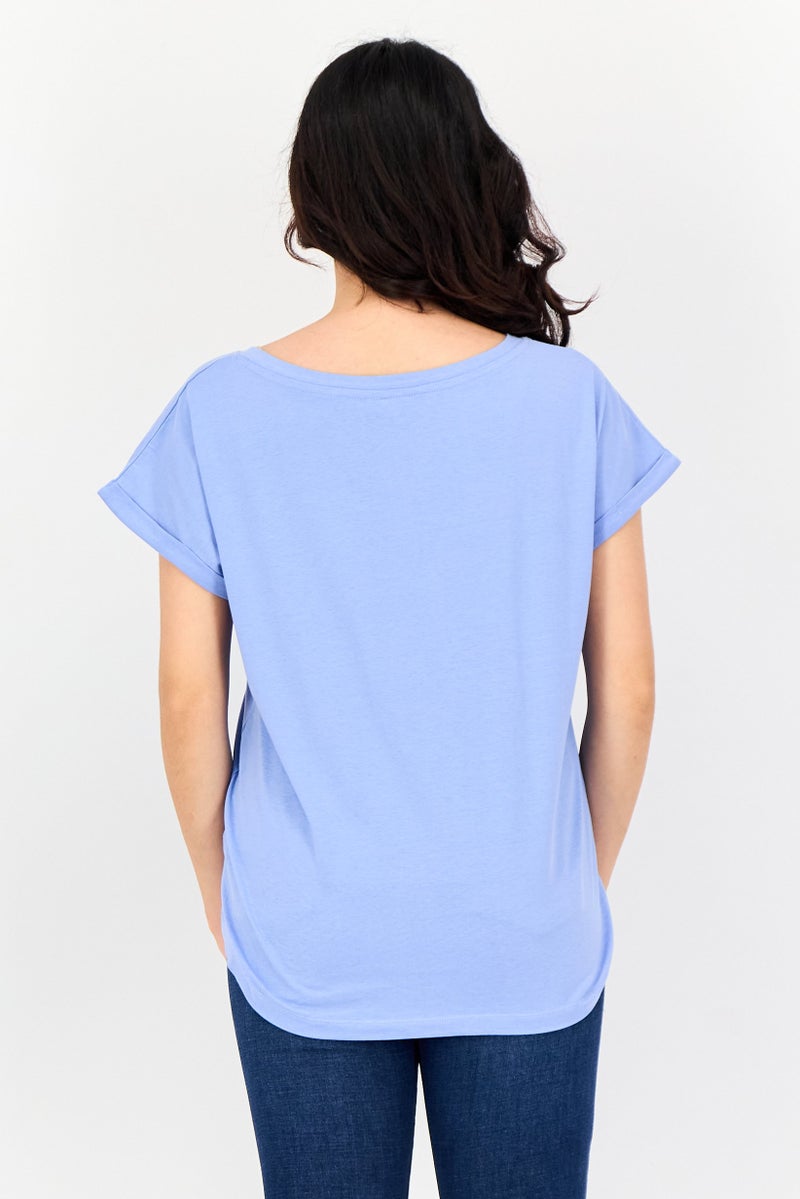 Amara Women Split Neck Short Sleeve Floral Print Blouse, Light Blue - Image 3