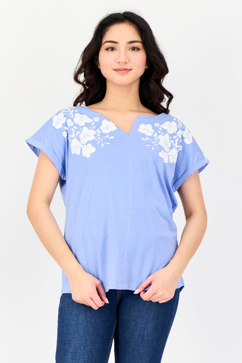 Amara Women Split Neck Short Sleeve Floral Print Blouse, Light Blue - Image 1