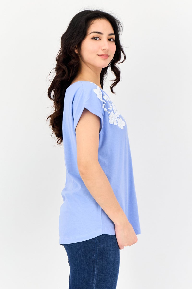 Amara Women Split Neck Short Sleeve Floral Print Blouse, Light Blue - Image 2