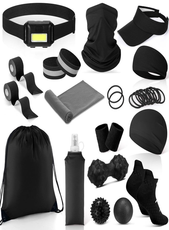 Halloscume 21 Pcs Runner Gift Set Marathon Gifts for Runners Men Women Running Accessories Includes Headlamp, Foldable Water Bottle, Visor, Headband, Cooling Towel, Wristband, Sock & More(Black) - Image 1