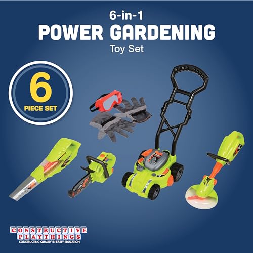 Constructive Playthings مجموعة ألعاب الحدائق الكهربائية للأطفال من CP Toys مكونة من 6 قطع للأعمار من 3 سنوات فما فوق، مجموعة أدوات اللعب الداخلية/الخارجية بحجم الأطفال مع منفاخ أوراق، منشار كهربائي، جزازة عشب، والمزيد، باللون الأخضر - Image 2