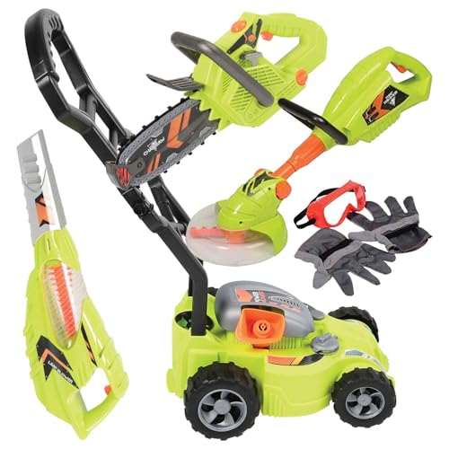 Constructive Playthings مجموعة ألعاب الحدائق الكهربائية للأطفال من CP Toys مكونة من 6 قطع للأعمار من 3 سنوات فما فوق، مجموعة أدوات اللعب الداخلية/الخارجية بحجم الأطفال مع منفاخ أوراق، منشار كهربائي، جزازة عشب، والمزيد، باللون الأخضر - Image 1