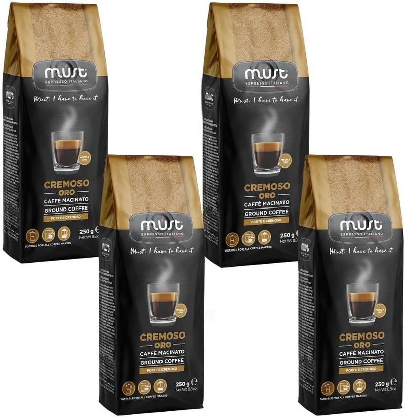 MUST, 100% CREAMY, Roasted Ground Coffee, 4 Packs of 250 g Each, Suitable for Moka, Made in Italy pack may vary