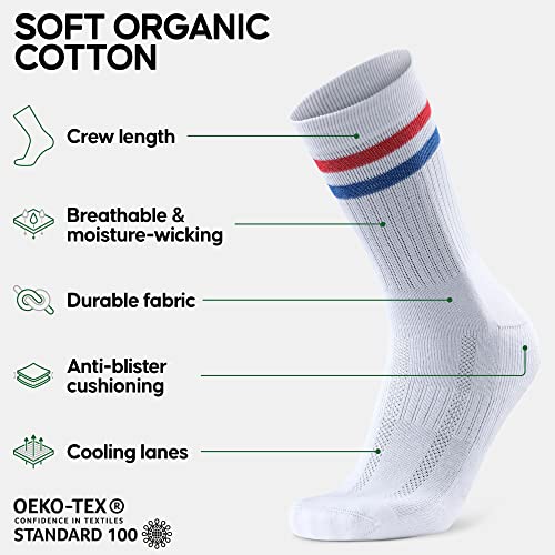 DANISH ENDURANCE 3 Pack Classic Tennis Crew Socks for Sports & Everyday, Trainer socks, Men & Women, White Multicolor (1x Green/Yellow Stripes, 1x Red/Blue Stripe, 1x White), 43-47 - Image 2