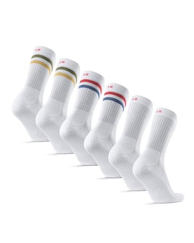 DANISH ENDURANCE 3 Pack Classic Tennis Crew Socks for Sports & Everyday, Trainer socks, Men & Women, White Multicolor (1x Green/Yellow Stripes, 1x Red/Blue Stripe, 1x White), 43-47 - Image 1