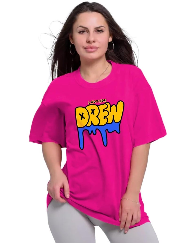 LEOTUDE Women's Oversized Round Neck Half Sleeve Cottonblend Tshirt (GRL_FS49_MRN_Wolf_P_Multi_Color_176_3XL) - Image 2