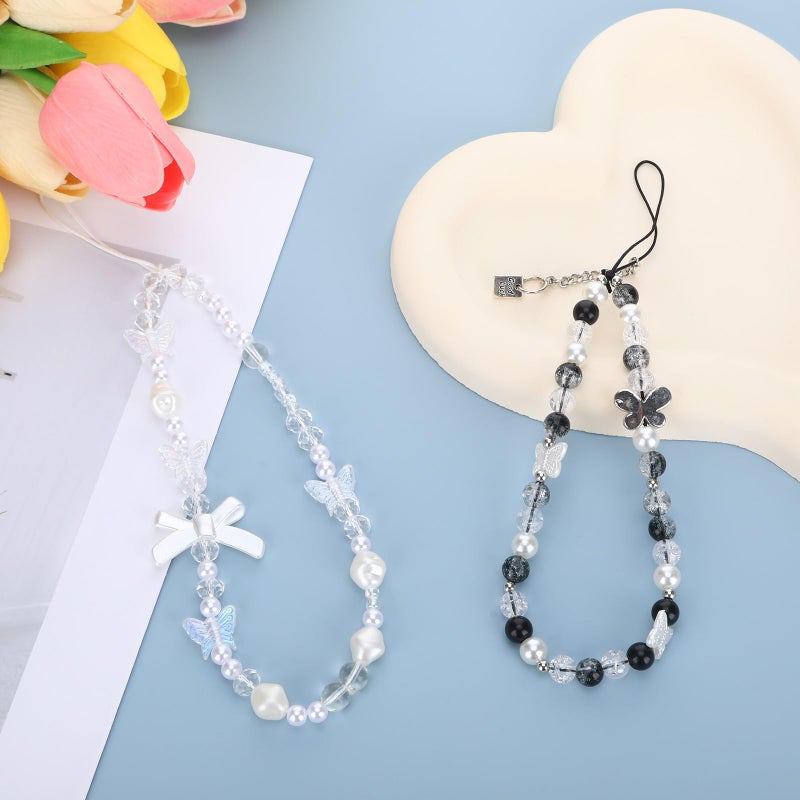 Xyulaan 2Pcs Wrist Strap for Phone Charm Beads, Phone Beaded Wrist Strap Lanyard Beaded Wristlet for Cellphone Chains for Cellphone Case, Black Charms Y2k Bow Lanyard Wrist Straps Camera Charm Strap - Image 4