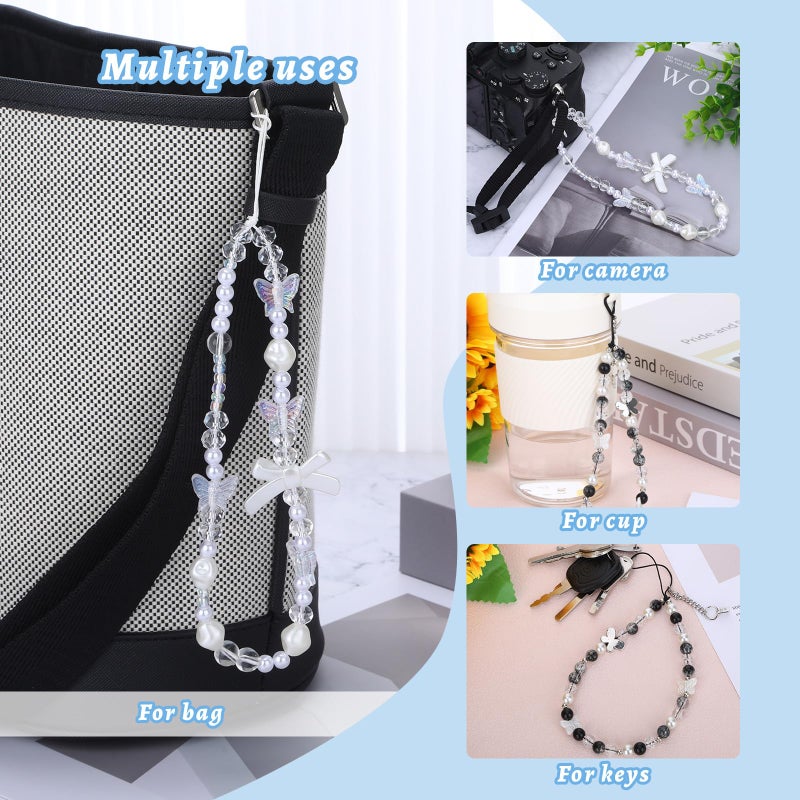 Xyulaan 2Pcs Wrist Strap for Phone Charm Beads, Phone Beaded Wrist Strap Lanyard Beaded Wristlet for Cellphone Chains for Cellphone Case, Black Charms Y2k Bow Lanyard Wrist Straps Camera Charm Strap - Image 3