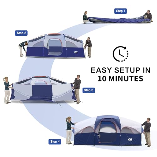 CAMPROS CP Tent 8 Person Camping Tents, Weather Resistant Family Tent, 5 Large Mesh Windows, Double Layer, Divided Curtain for Separated Room, Portable with Carry Bag - Blue - Image 2