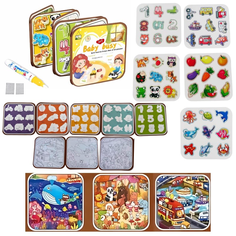 PLUSPOINT All in 1 Busy Book for Kids Toddlers Reusable Water Painting Books, Busy Book Sensory Toys, Kids Learning Educational Toy Travel Activities 1 2 3 4 Year Old Birthday Gifts for Kids - Image 1