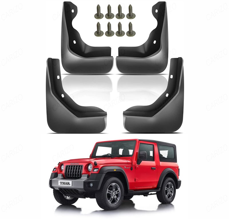 CARIZO® Car Heavy Duty Cup Type Splash Mud Guards | OE Type Front and Rear Mud Flaps | Pack of 4 | Compatible with Mahindra Thar (2020-2023) - Image 1