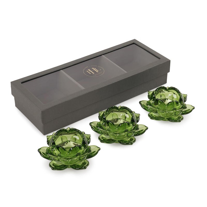 PURE HOME + LIVING Pure Home Living Set of 3 Green Glass Lotus Shaped Tealight Holders  - Image 4