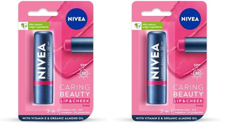 بلسم الشفاه الوردي من نيفيا للعناية بالشفتين مع واقي شمس SPF 30 عبوة من 2