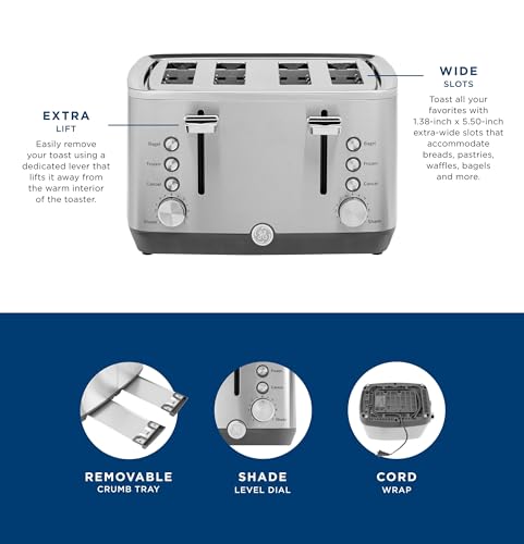 GE Stainless Steel 4 Slice Toaster | Extra Wide Slots for Bagels, Breads, Waffles & More | 7 Shade Options | Countertop Kitchen Essentials | 1500 watt - Image 3