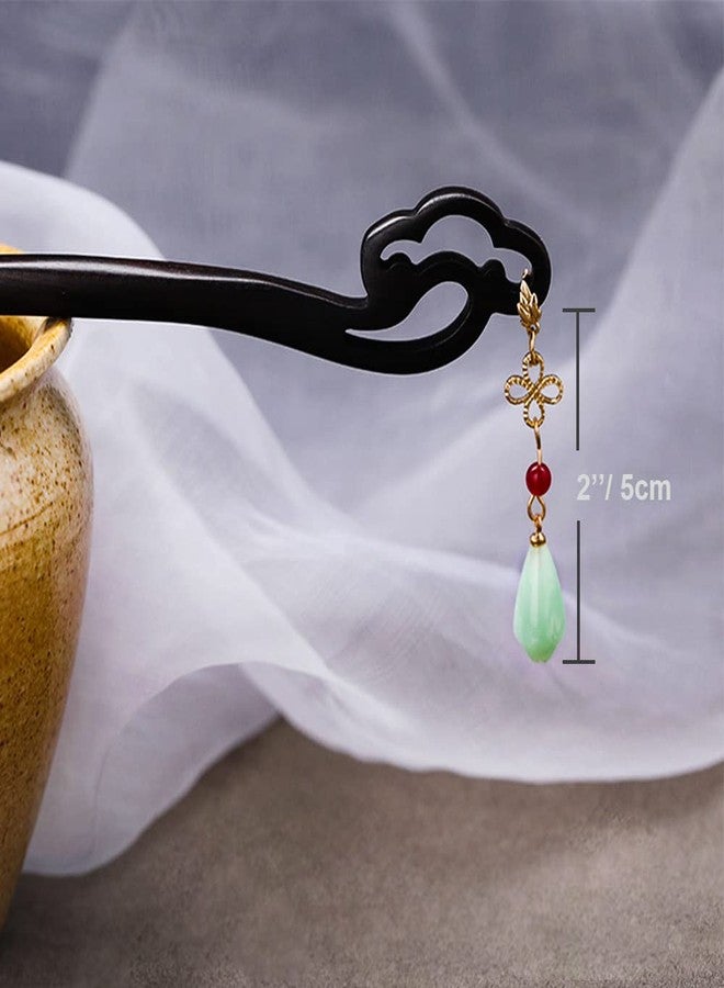 Ezindraw Japanese Chinese Wood Hair Chopstick for Women, Retro Hair Stick Pin with Jade, Japanese Chinese Hair Accessories for Long Hair, Hanfu Dressing Accessories - Image 2