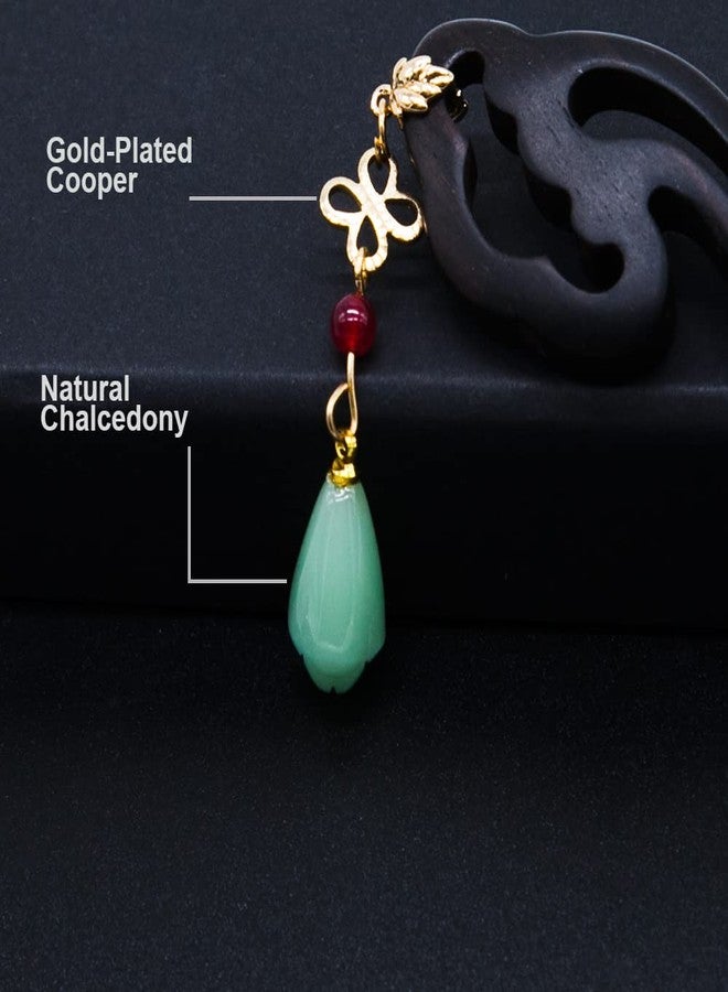 Ezindraw Japanese Chinese Wood Hair Chopstick for Women, Retro Hair Stick Pin with Jade, Japanese Chinese Hair Accessories for Long Hair, Hanfu Dressing Accessories - Image 3