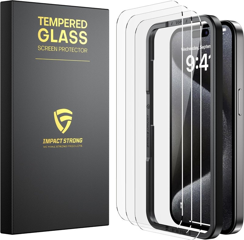 ImpactStrong 3-Pack Shatterproof Tempered Glass Screen Protector for iPhone 15 Pro [Easy Installation Frame] [Bubble Free] [9H Hardness] [Full Coverage] Case Friendly, 6.1 Inch - Image 1