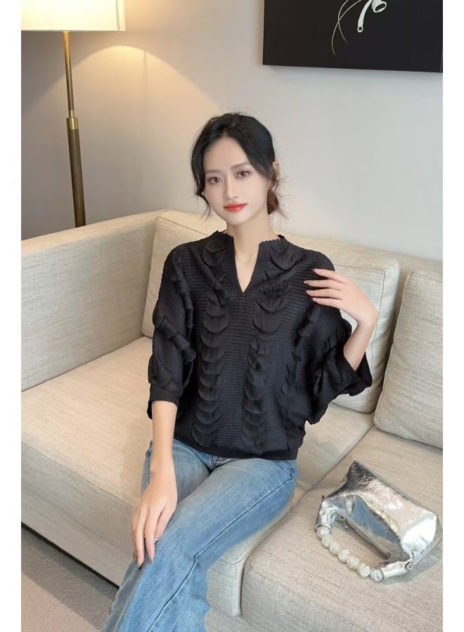 Pleated Fashion Casual Handmade Lotus Leaf Pleated Pullover T-shirt Women's New Loose Slimming Design Sense Sweater Top 